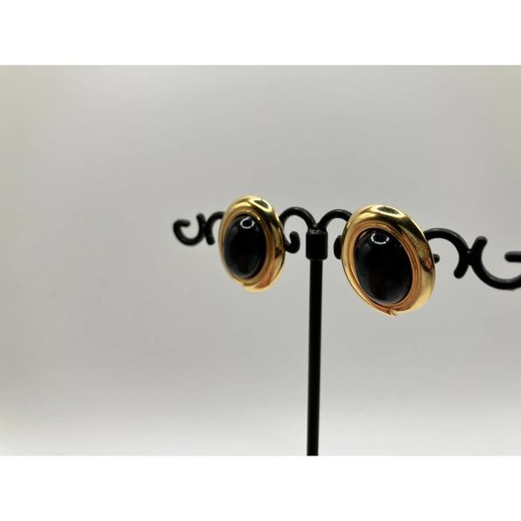 Black Oval Gold-Tone Earrings! - Picture 2 of 9